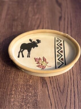 Rustic Ceramic Moose Ceramic Trinket Dish with Maple Leaf. Hand painted. NWOT